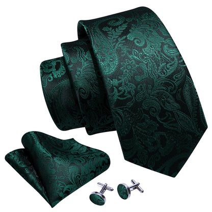 Elegant Dark Green Paisley Silk Tie Set with Pocket Square and Cufflinks tie sets - Sophisticated Gentlemen