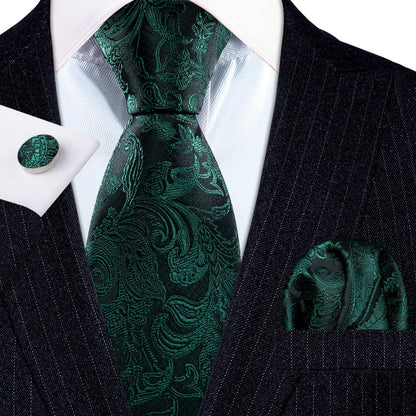 Elegant Dark Green Paisley Silk Tie Set with Pocket Square and Cufflinks tie sets - Sophisticated Gentlemen