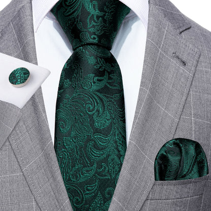 Elegant Dark Green Paisley Silk Tie Set with Pocket Square and Cufflinks tie sets - Sophisticated Gentlemen