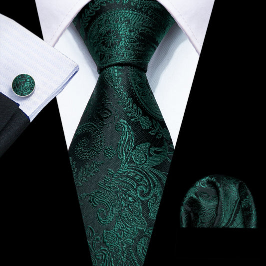 Elegant Dark Green Paisley Silk Tie Set with Pocket Square and Cufflinks tie sets - Sophisticated Gentlemen