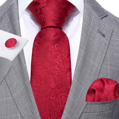 Red Paisley Silk Tie, Pocket Square and Cufflinks Set tie sets    - Sophisticated Gentlemen