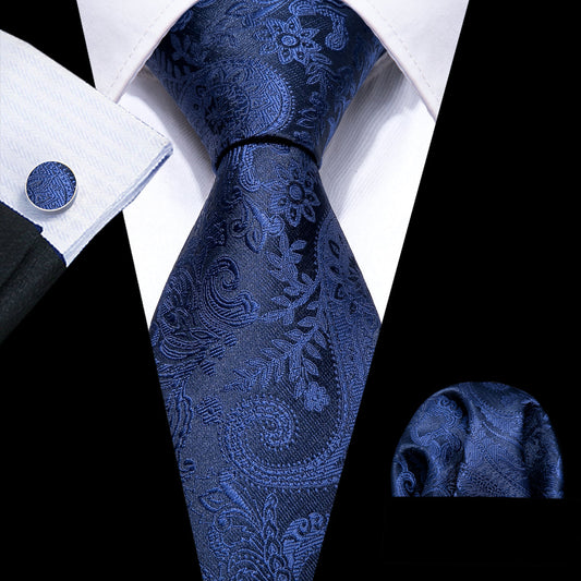 Navy Floral Silk Tie, Pocket Square, and Cufflinks Set tie sets    - Sophisticated Gentlemen