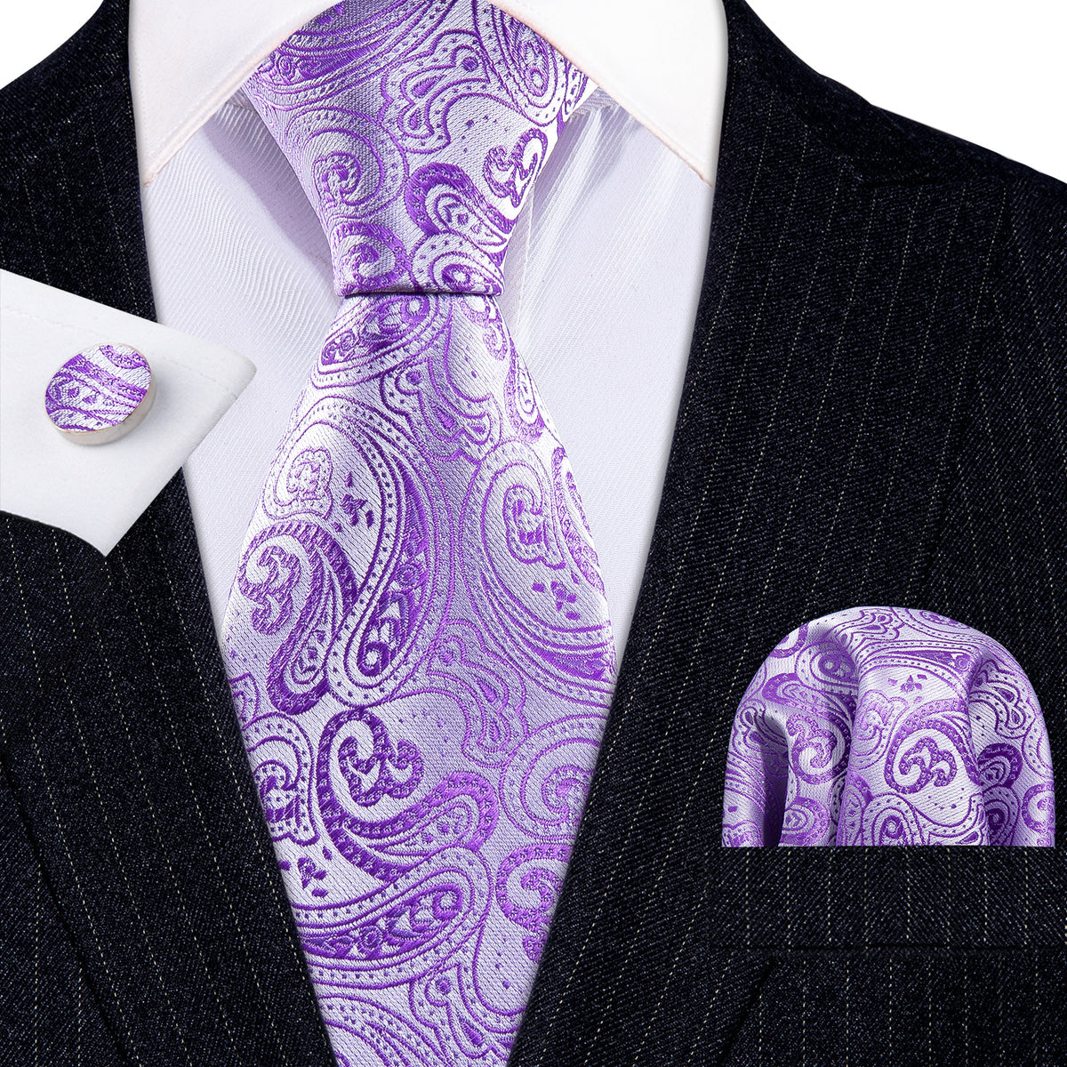 Purple Paisley Silk Tie, Pocket Square and Cufflinks Set tie sets    - Sophisticated Gentlemen