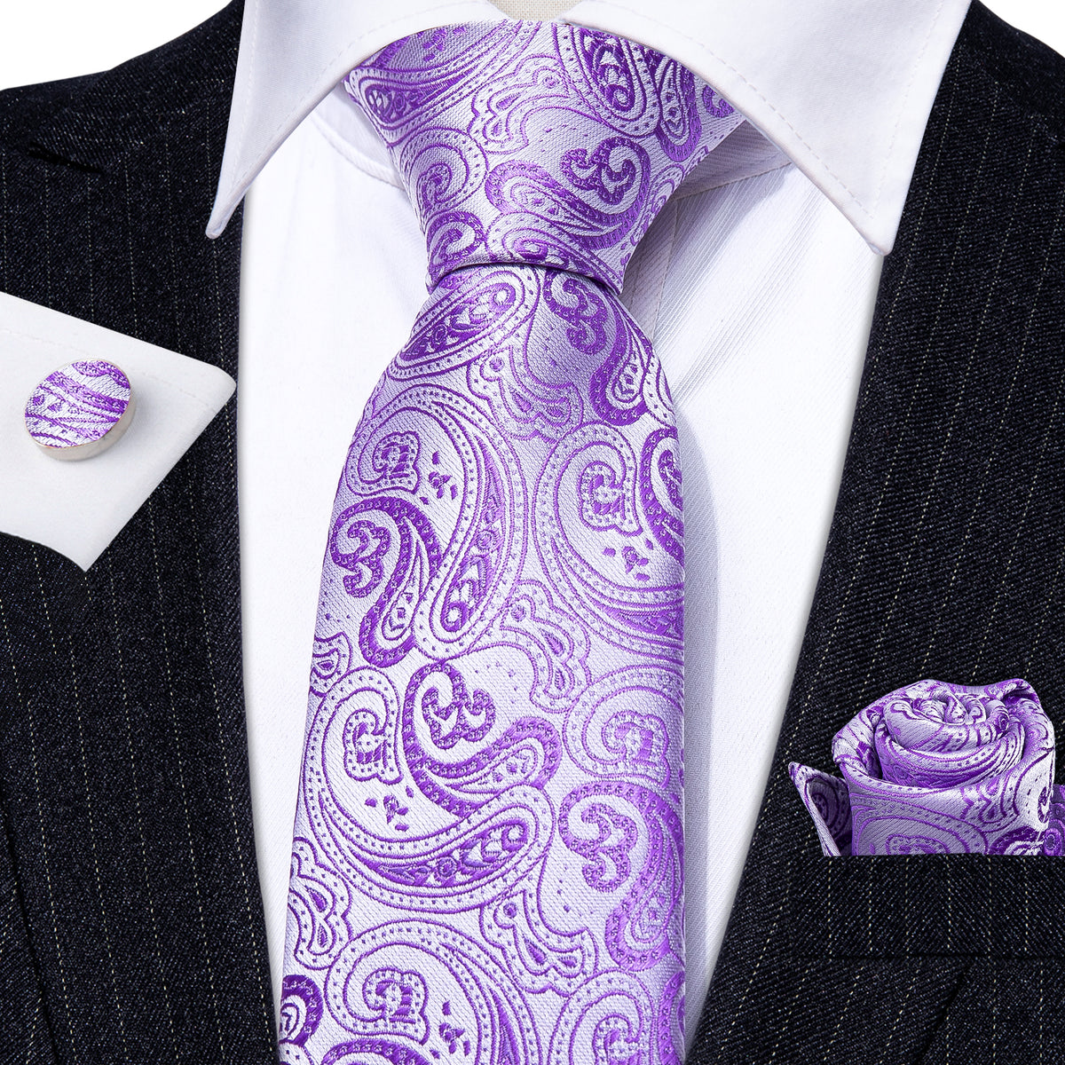 Purple Paisley Silk Tie, Pocket Square and Cufflinks Set tie sets    - Sophisticated Gentlemen