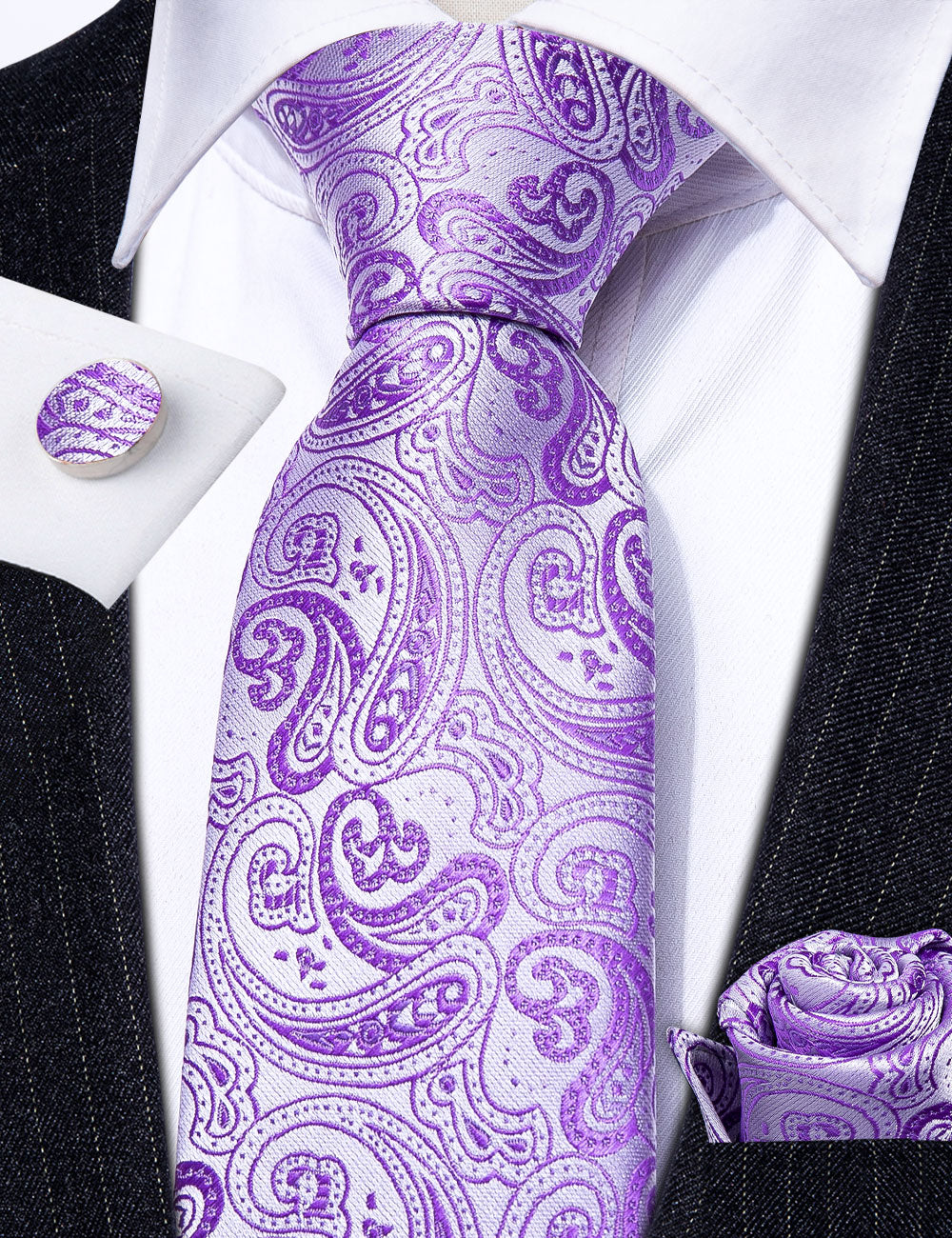 Purple Paisley Silk Tie, Pocket Square and Cufflinks Set tie sets    - Sophisticated Gentlemen