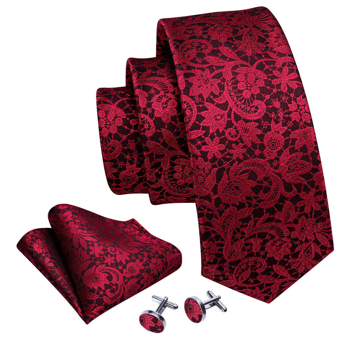Red Black Paisley Silk Tie, Pocket Square and Cufflinks Set tie sets    - Sophisticated Gentlemen
