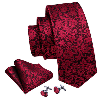 Red Black Paisley Silk Tie, Pocket Square and Cufflinks Set tie sets    - Sophisticated Gentlemen