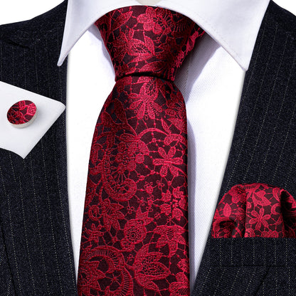 Red Black Paisley Silk Tie, Pocket Square and Cufflinks Set tie sets    - Sophisticated Gentlemen