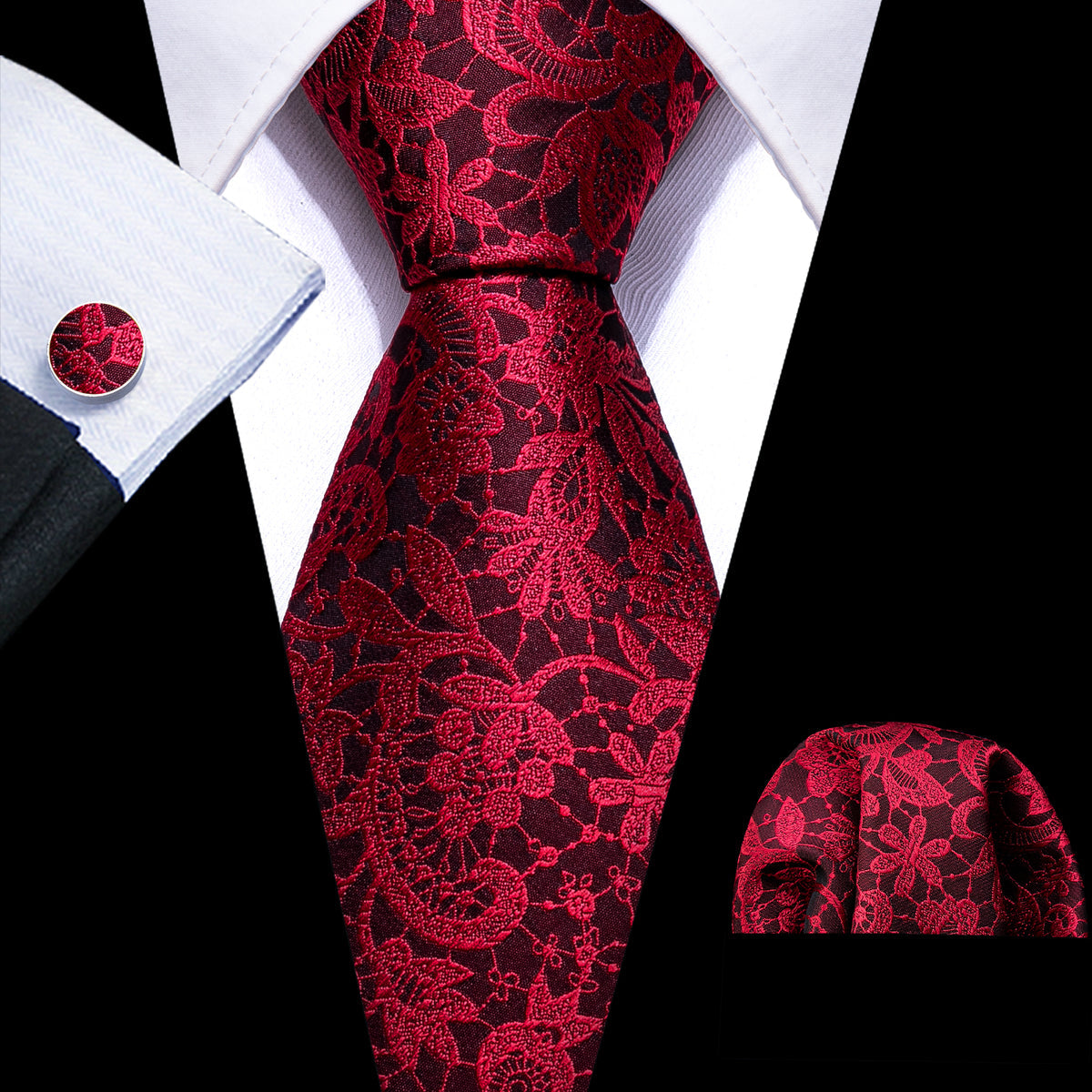 Red Black Paisley Silk Tie, Pocket Square and Cufflinks Set tie sets    - Sophisticated Gentlemen