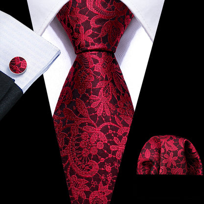 Red Black Paisley Silk Tie, Pocket Square and Cufflinks Set tie sets    - Sophisticated Gentlemen