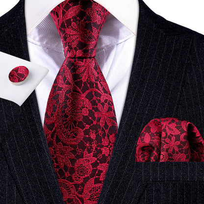 Red Black Paisley Silk Tie, Pocket Square and Cufflinks Set tie sets    - Sophisticated Gentlemen