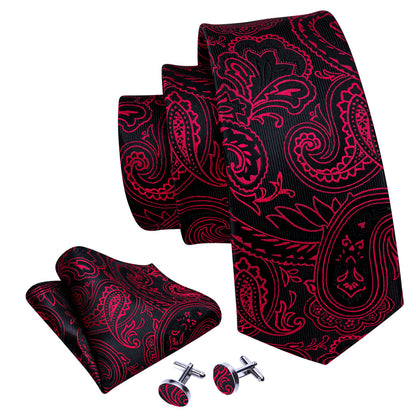 Red Black Paisley Silk Tie, Pocket Square and Cufflinks Set tie sets    - Sophisticated Gentlemen