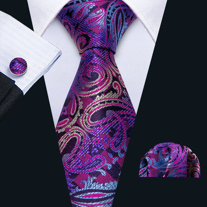 Blue & Purple Paisley Silk Tie, Pocket Square & Cufflinks Set tie sets - Sophisticated Gentlemen
