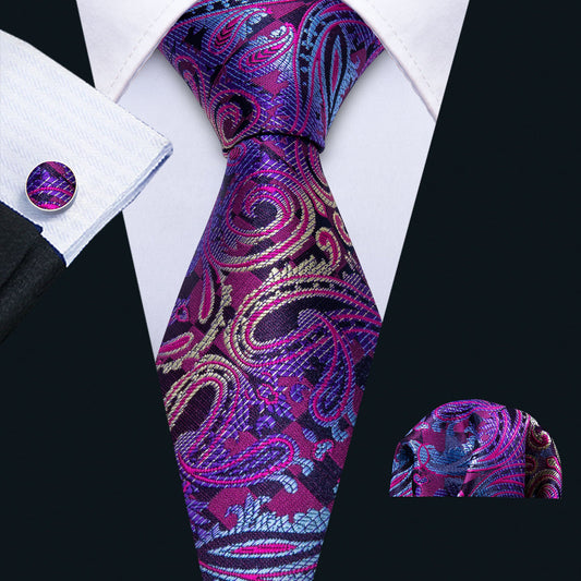 Blue & Purple Paisley Silk Tie, Pocket Square & Cufflinks Set tie sets - Sophisticated Gentlemen