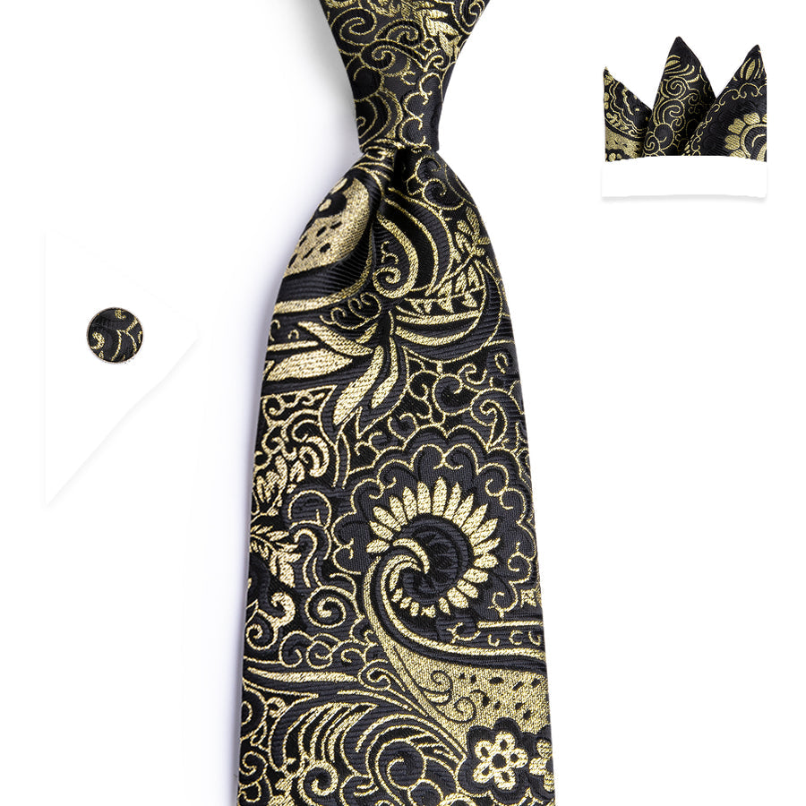 Golden Paisley Silk XL Tie, Pocket Square and Cufflinks tie sets    - Sophisticated Gentlemen