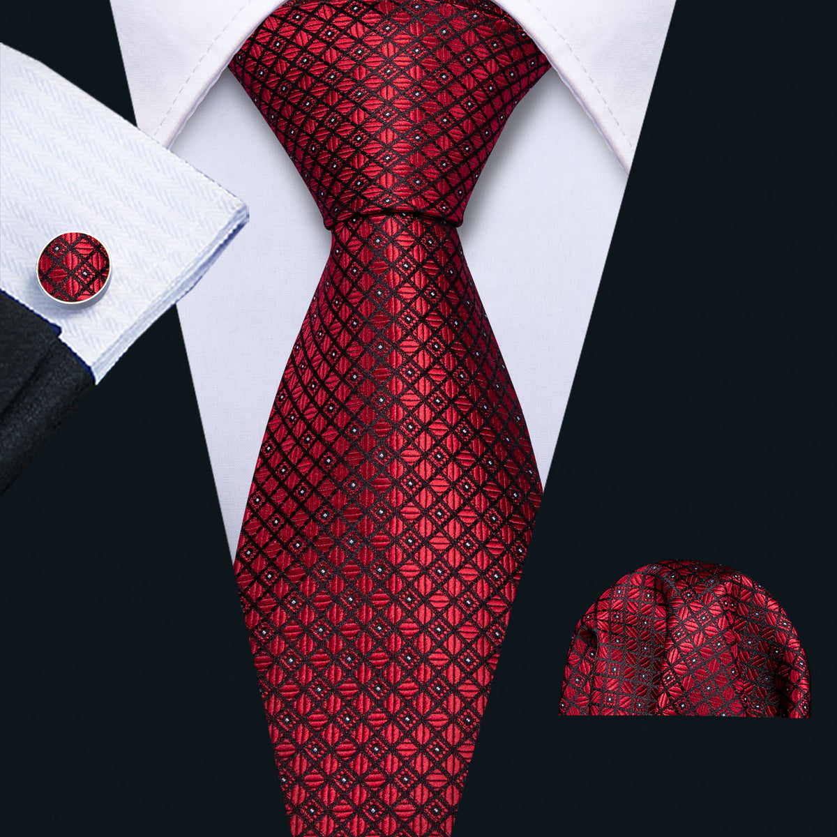 Black Red Plaid Tie, Pocket Square and Cufflinks Set tie sets    - Sophisticated Gentlemen