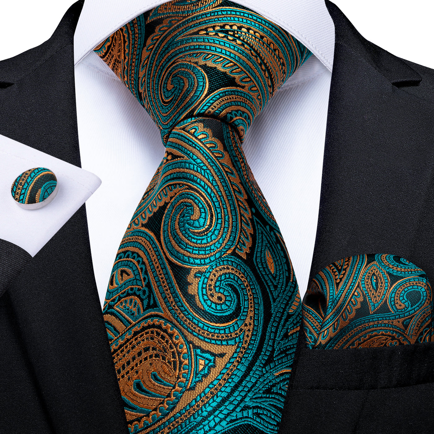 Turquoise & Gold Paisley Silk Tie, Pocket Square & Cufflinks Set tie sets - Sophisticated Gentlemen