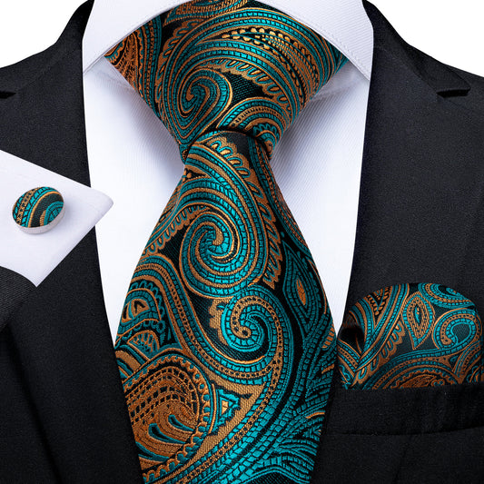 Turquoise & Gold Paisley Silk Tie, Pocket Square & Cufflinks Set tie sets - Sophisticated Gentlemen