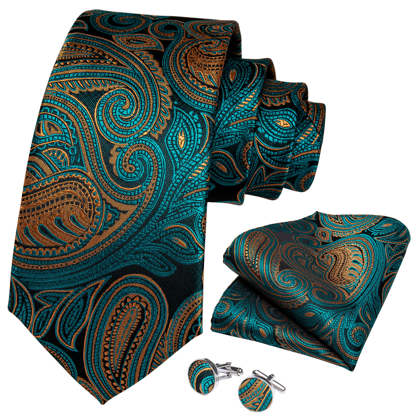 Turquoise & Gold Paisley Silk Tie, Pocket Square & Cufflinks Set tie sets - Sophisticated Gentlemen