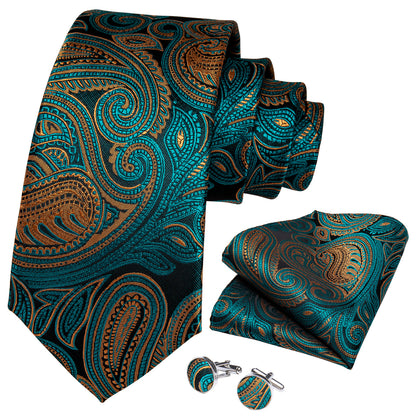 Turquoise & Gold Paisley Silk Tie, Pocket Square & Cufflinks Set tie sets - Sophisticated Gentlemen