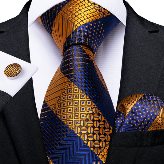 Orange & Navy Checkered Silk Tie, Pocket Square & Cufflinks Set