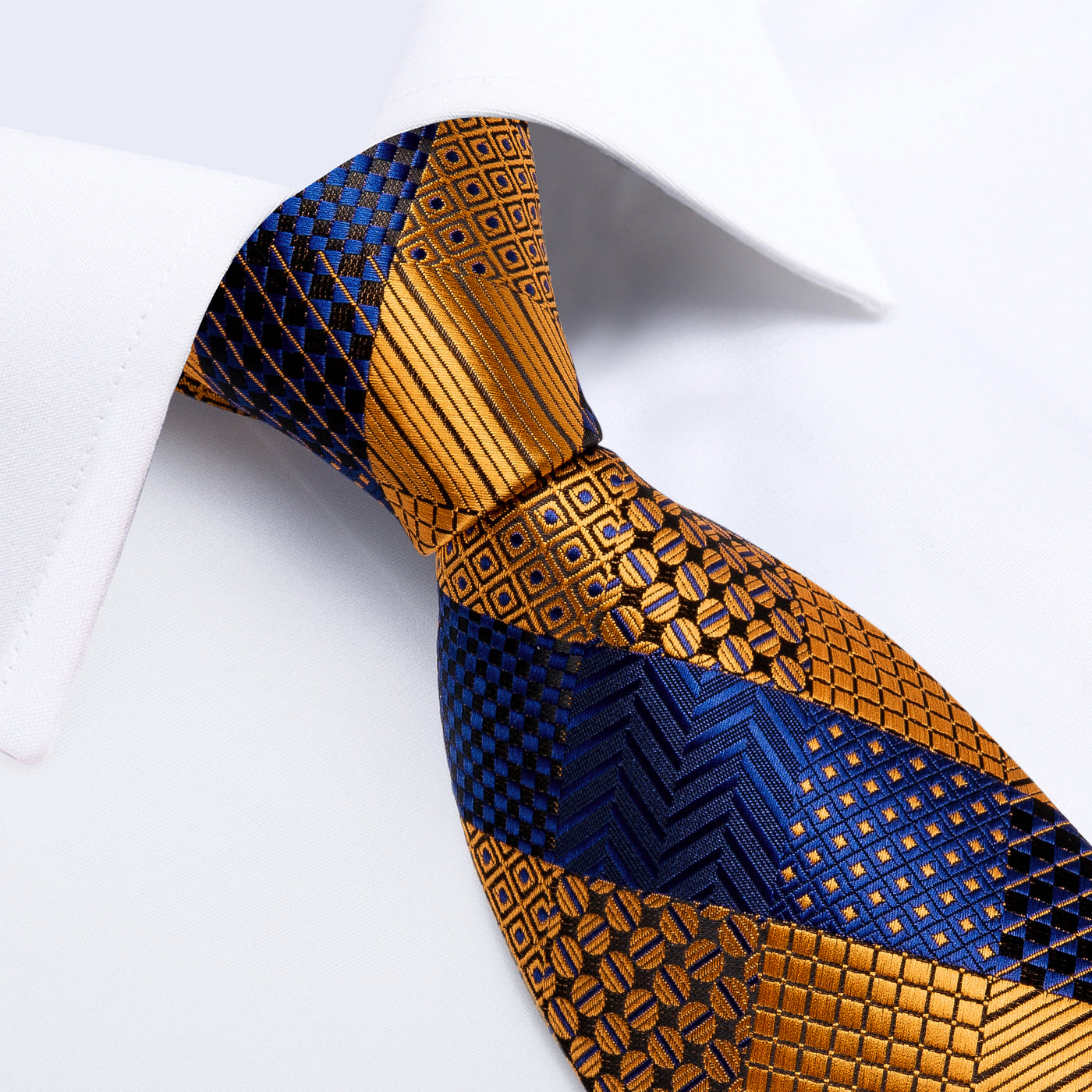 Orange & Navy Checkered Silk Tie, Pocket Square & Cufflinks Set