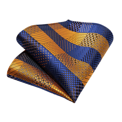 Orange & Navy Checkered Silk Tie, Pocket Square & Cufflinks Set
