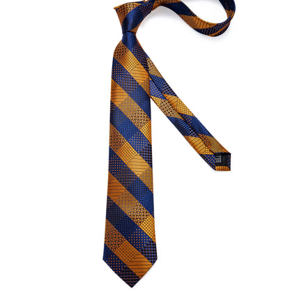 Orange & Navy Checkered Silk Tie, Pocket Square & Cufflinks Set