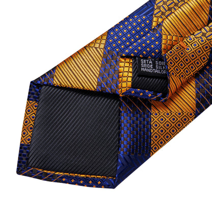 Orange & Navy Checkered Silk Tie, Pocket Square & Cufflinks Set