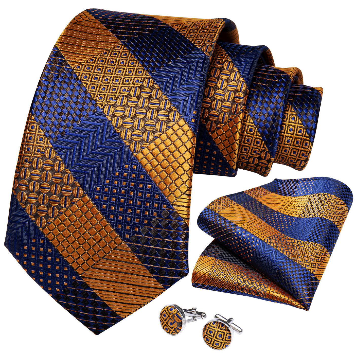 Orange & Navy Checkered Silk Tie, Pocket Square & Cufflinks Set