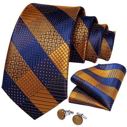 Orange & Navy Checkered Silk Tie, Pocket Square & Cufflinks Set