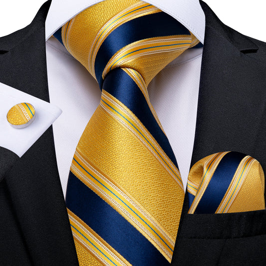 Gold & Navy Striped Silk Tie, Pocket Square & Cufflinks Set tie sets - Sophisticated Gentlemen