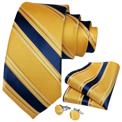 Gold & Navy Striped Silk Tie, Pocket Square & Cufflinks Set tie sets - Sophisticated Gentlemen