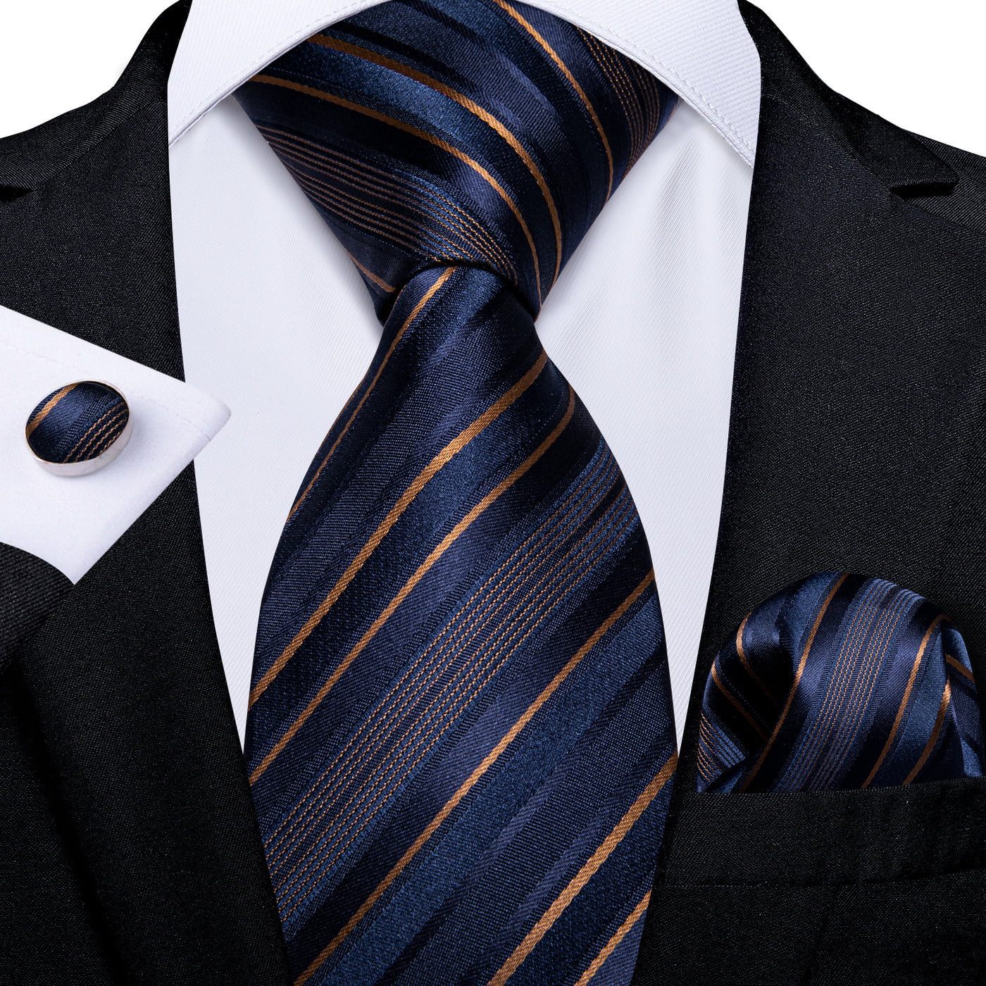Navy Blue & Gold Striped Silk Tie Set tie sets - Sophisticated Gentlemen