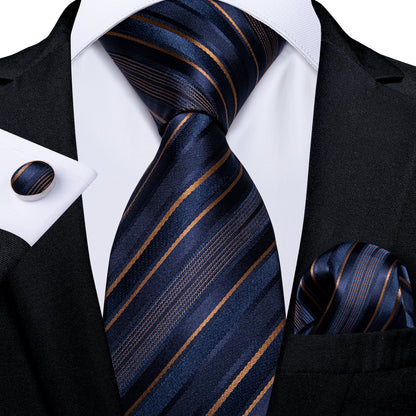 Navy Blue & Gold Striped Silk Tie Set tie sets - Sophisticated Gentlemen
