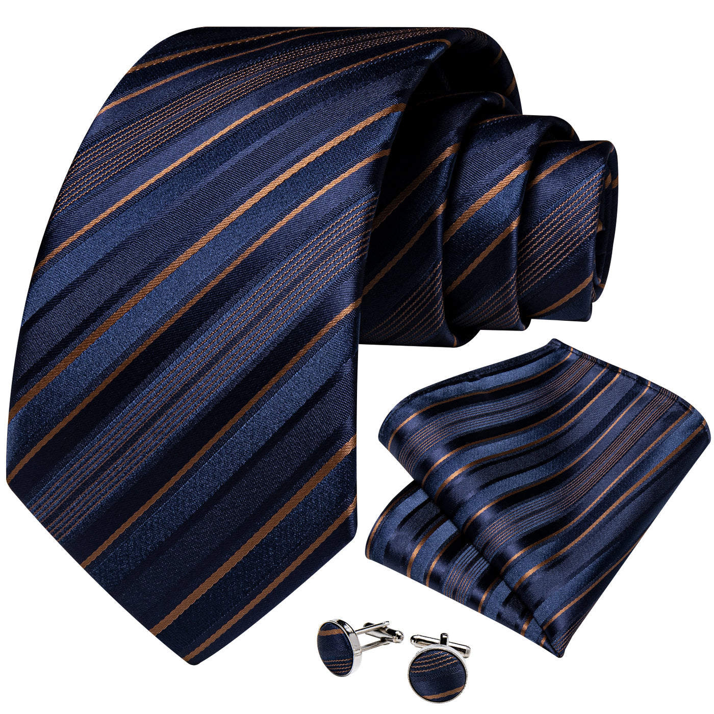 Navy Blue & Gold Striped Silk Tie Set tie sets - Sophisticated Gentlemen