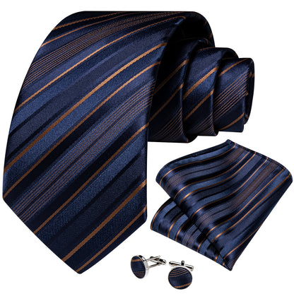 Navy Blue & Gold Striped Silk Tie Set tie sets - Sophisticated Gentlemen