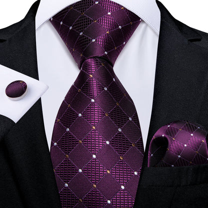 Purple Plaid Polka Dot Silk Tie, Pocket Square and Cufflinks tie sets    - Sophisticated Gentlemen