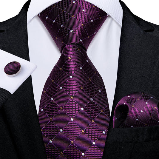 Purple Plaid Polka Dot Silk Tie, Pocket Square and Cufflinks tie sets    - Sophisticated Gentlemen