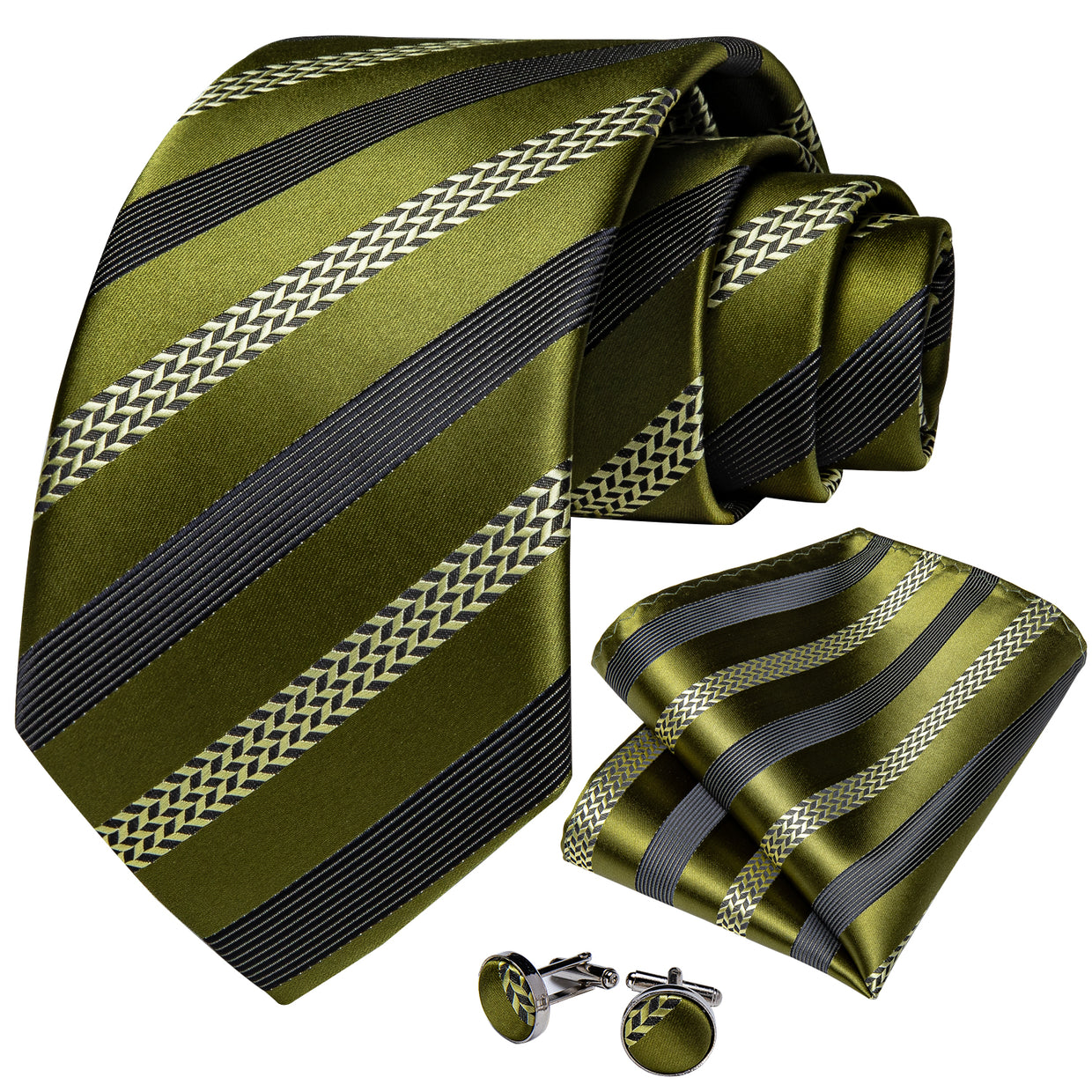 Olive Stripe Silk Tie, Pocket Square and Cufflinks tie sets - Sophisticated Gentlemen