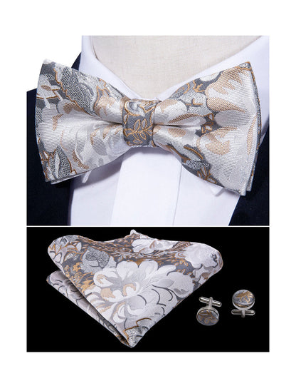 Golden White Floral Bow Tie Set bow ties    - Sophisticated Gentlemen