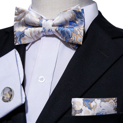 White Blue Floral Bow Tie Set bow ties    - Sophisticated Gentlemen