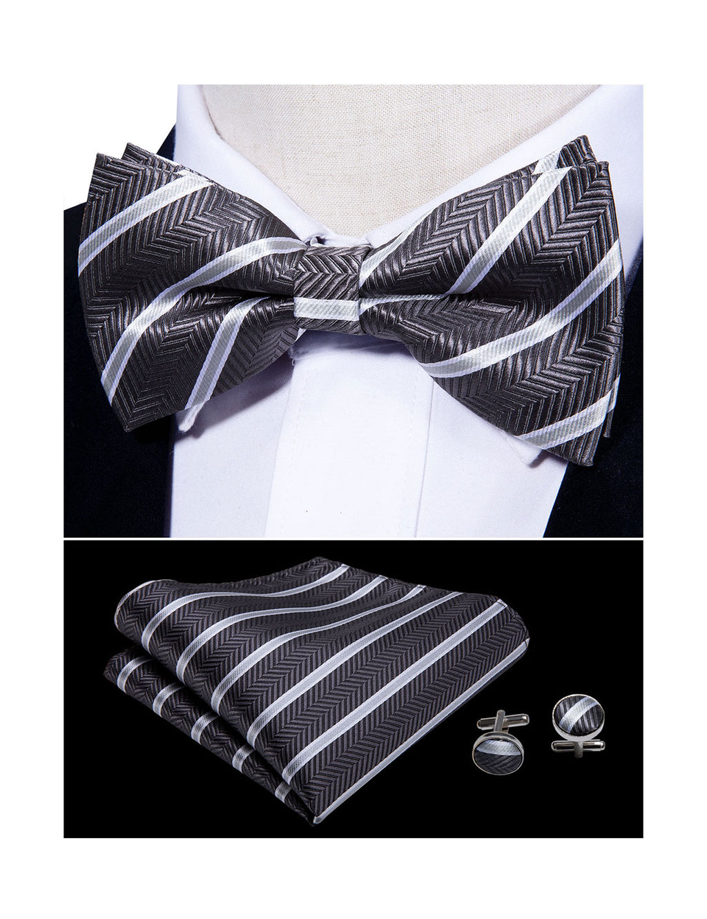 Black White Stripe Bow Tie Set bow ties    - Sophisticated Gentlemen