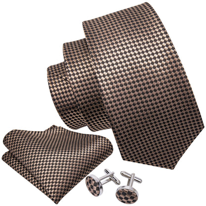 Champagne Brown Plaid Tie, Pocket Square and Cufflinks Set tie sets    - Sophisticated Gentlemen