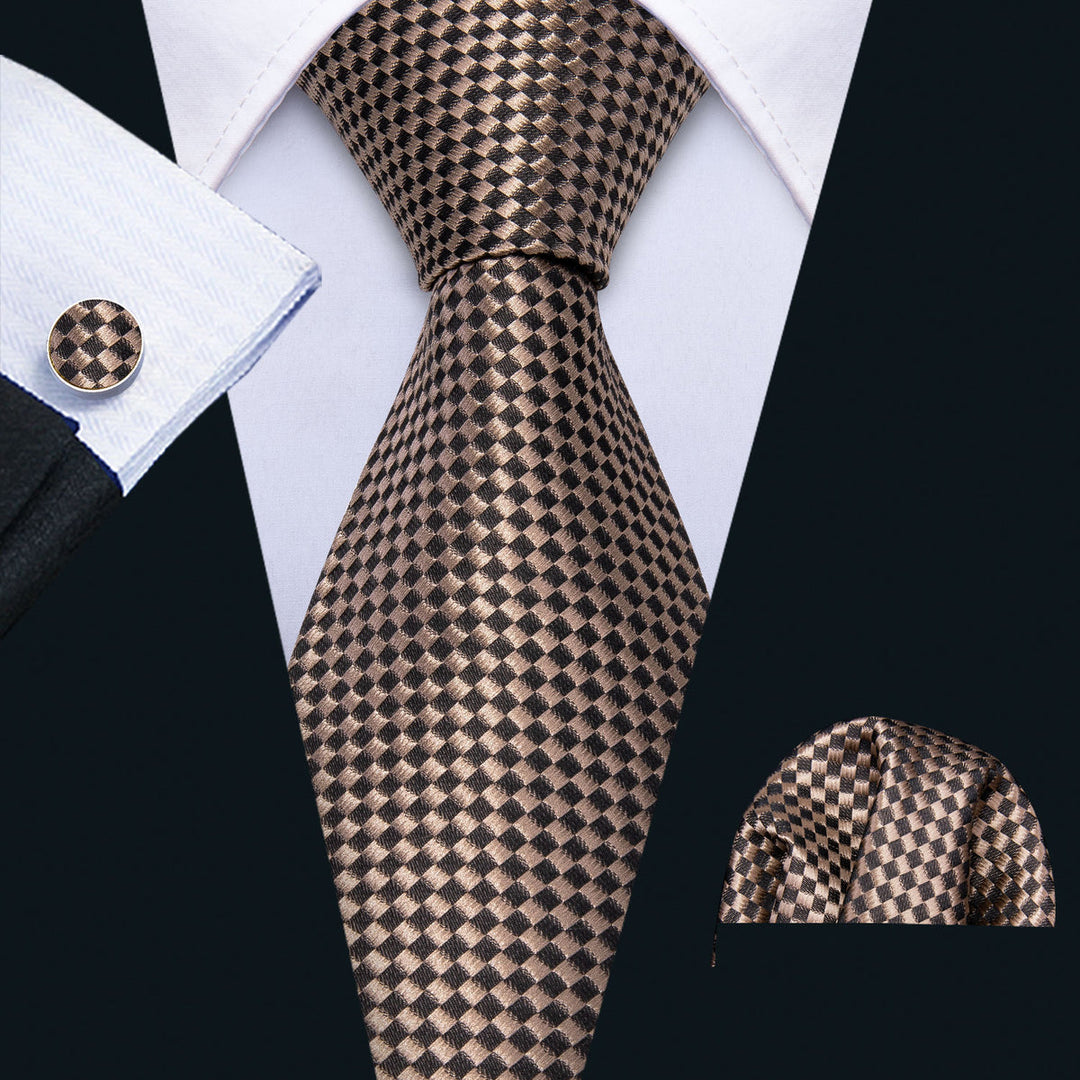 Champagne Brown Plaid Tie, Pocket Square and Cufflinks Set tie sets    - Sophisticated Gentlemen