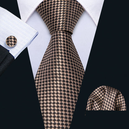 Champagne Brown Plaid Tie, Pocket Square and Cufflinks Set tie sets    - Sophisticated Gentlemen