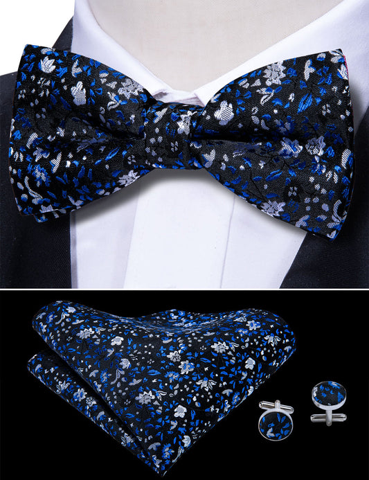 Deep Blue Floral Bow Tie Set bow ties    - Sophisticated Gentlemen