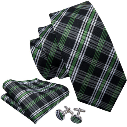 Black Green White Classic Plaid Tie, Pocket Square and Cufflinks Set tie sets    - Sophisticated Gentlemen