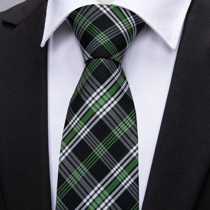 Black Green White Classic Plaid Tie, Pocket Square and Cufflinks Set tie sets    - Sophisticated Gentlemen