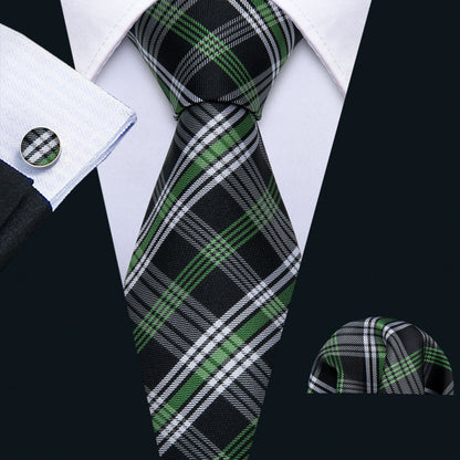 Black Green White Classic Plaid Tie, Pocket Square and Cufflinks Set tie sets    - Sophisticated Gentlemen